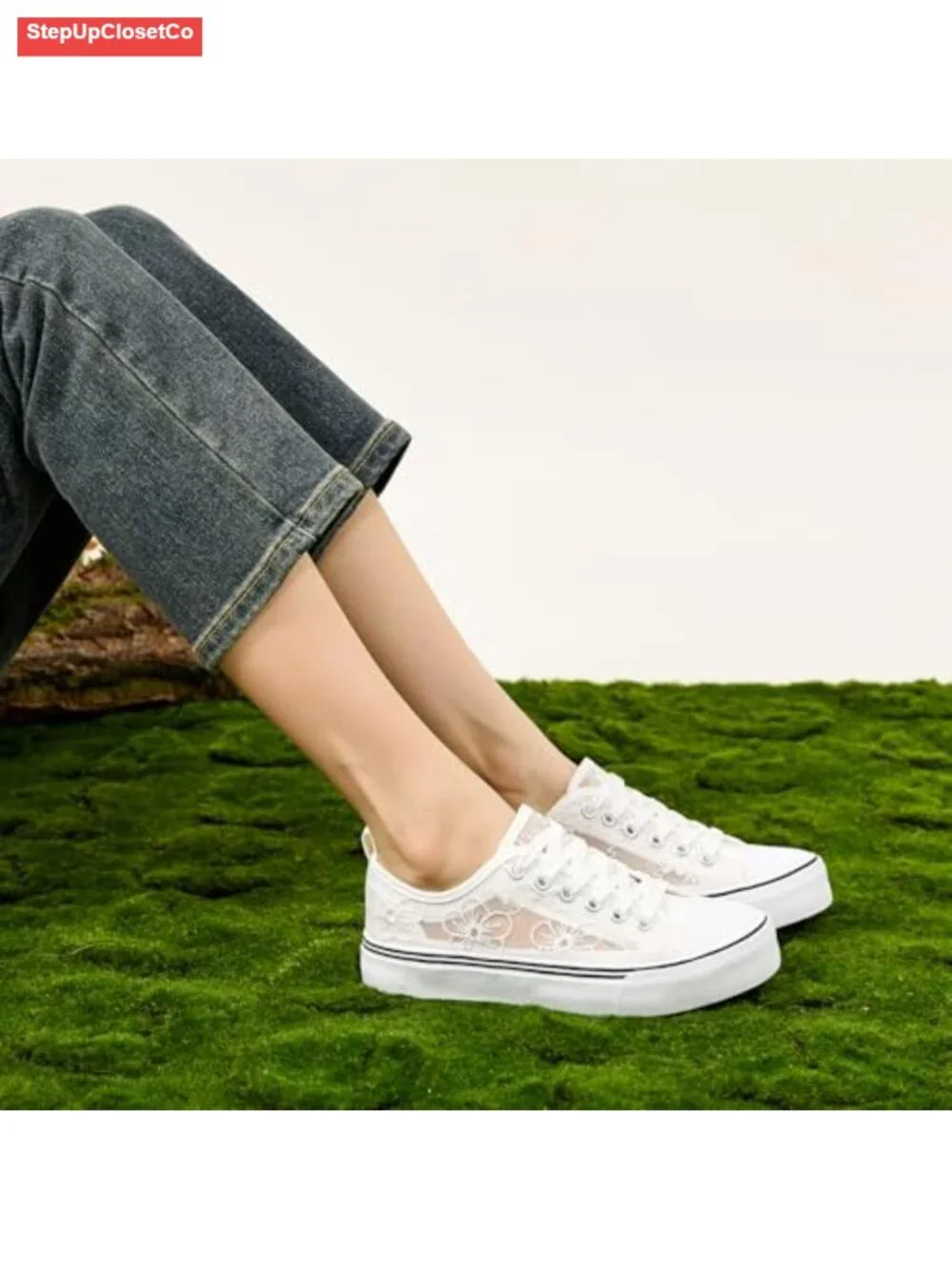 Women's Mesh Canvas Lace-Up Sneakers with Embroidery - Breathable Casual Shoes